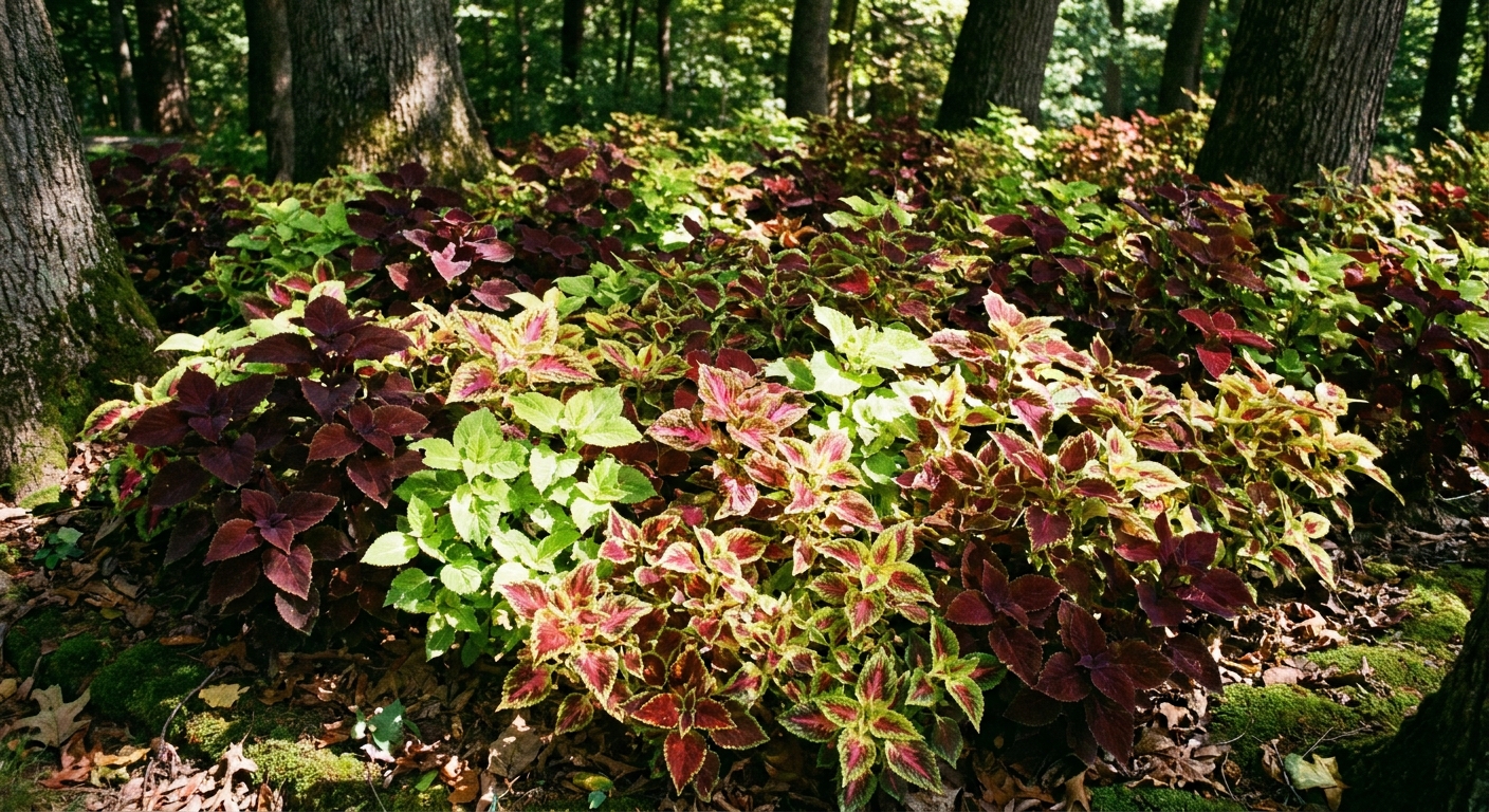 A single real photograph of a dense bed of multicolored coleus plants growing under dappled shade beneath trees, with crisp, richly patterned leaves
