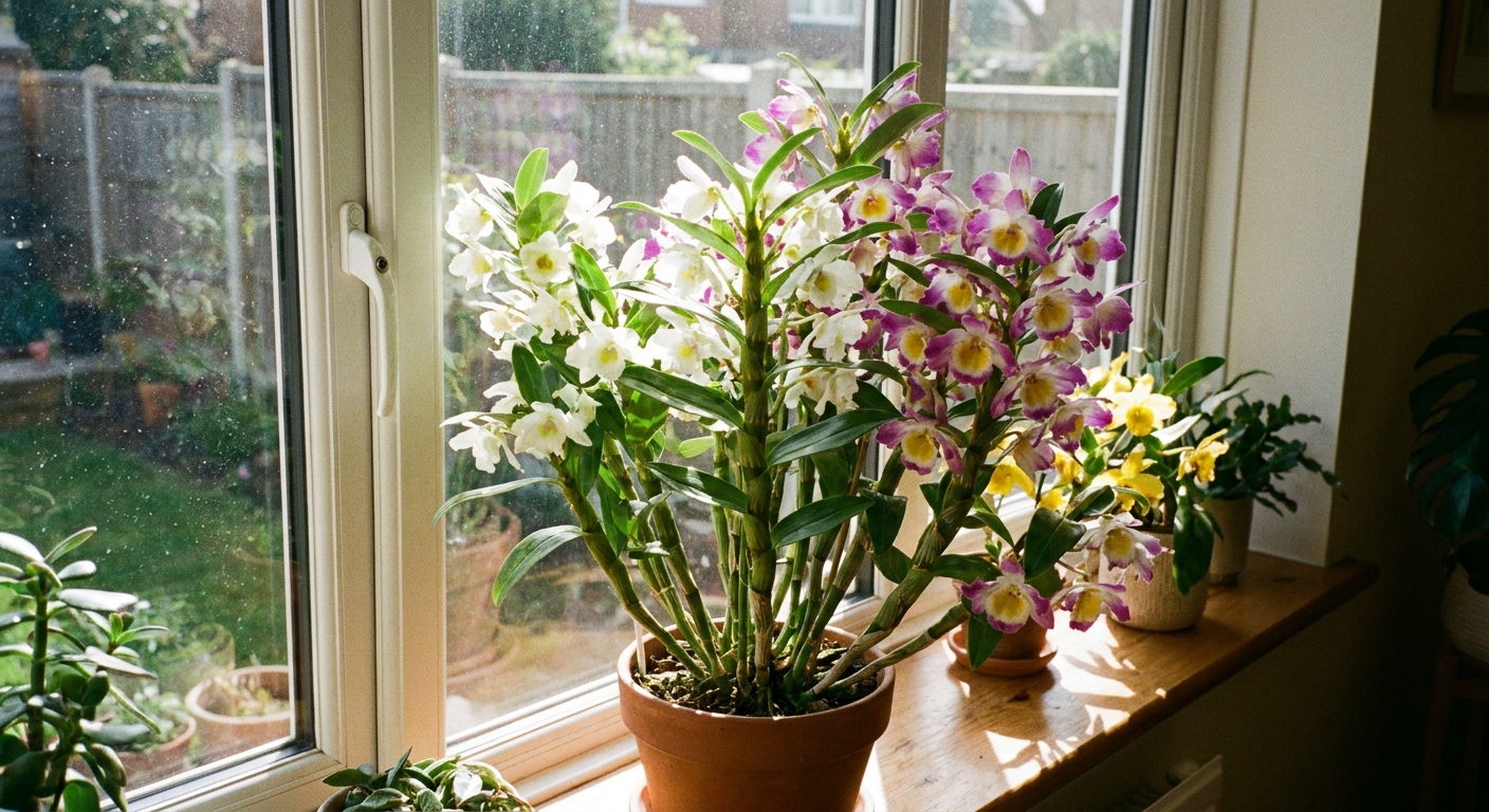 A single real photograph of a healthy Dendrobium orchid in bloom on a bright indoor windowsill, with upright green canes and clusters of flowers, natural morning light