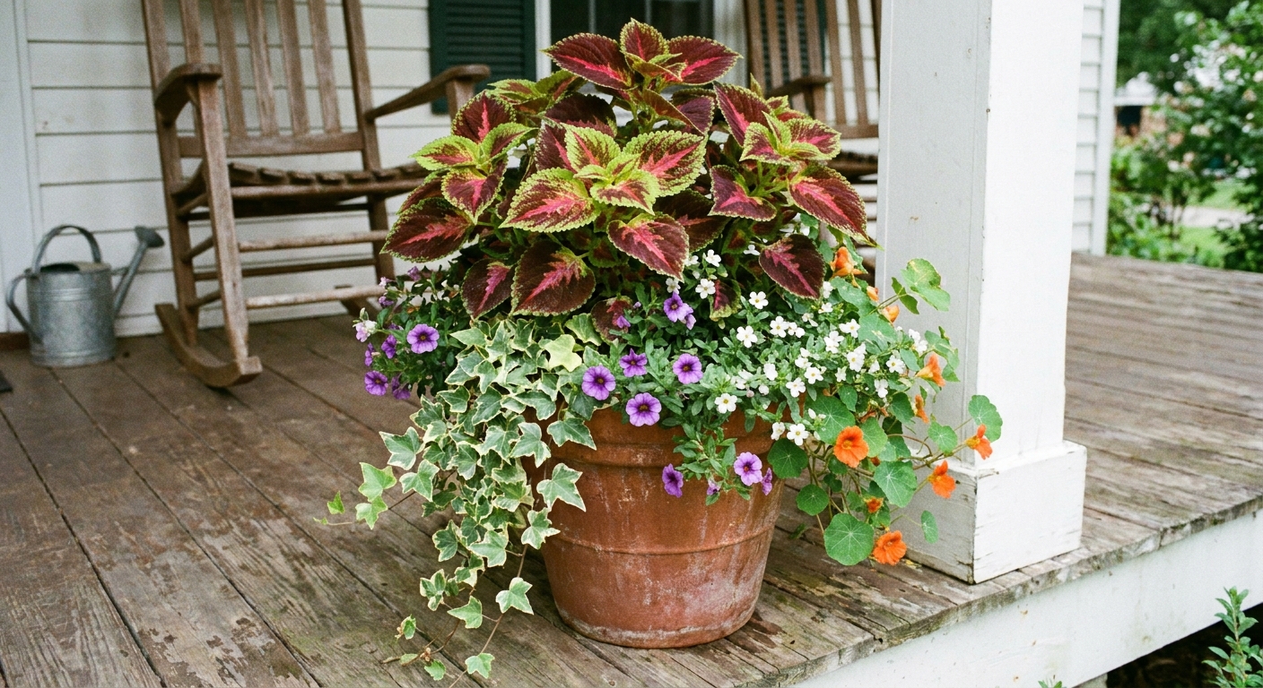 A single real photograph of a mixed container with coleus as the thriller plant, paired with trailing ivy and small flowering annuals, sitting on a porch