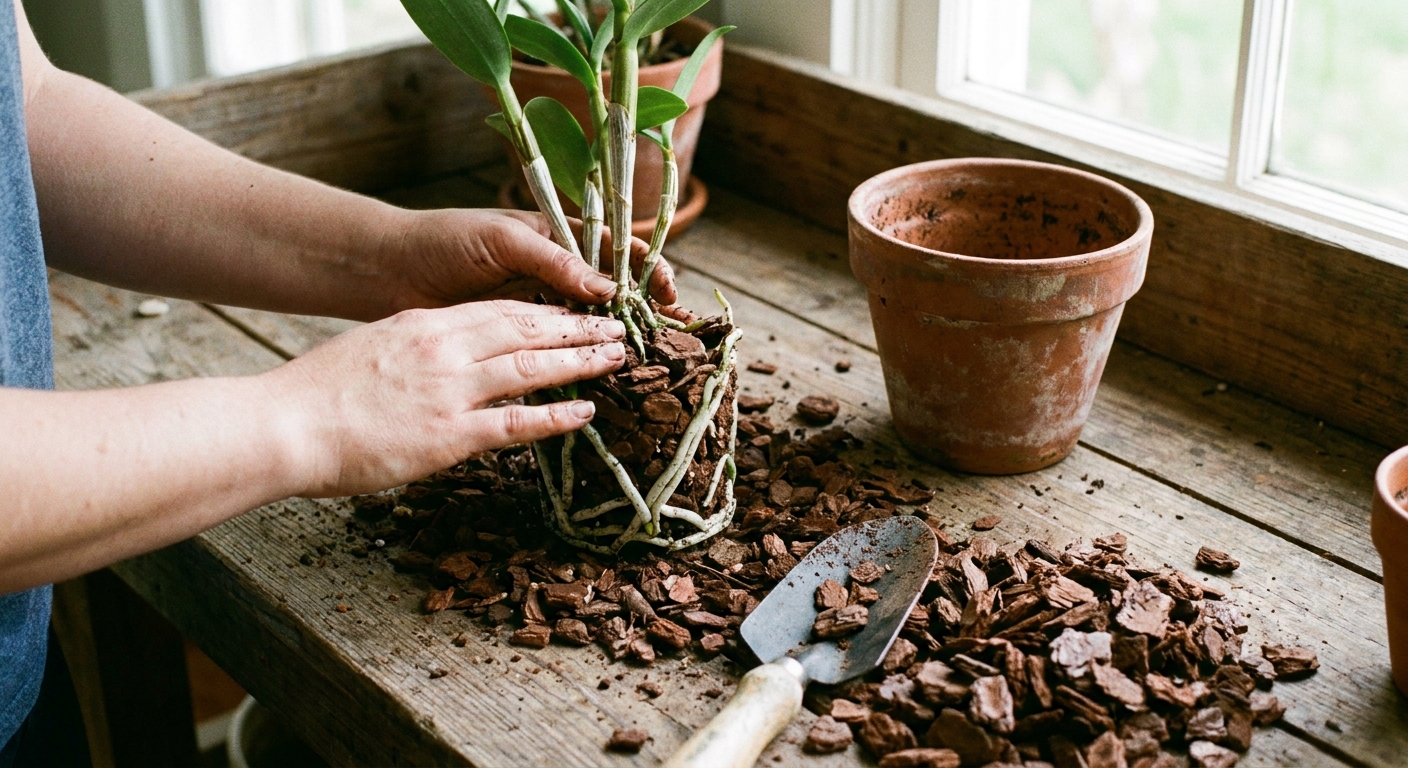 A single real photograph of hands repotting a Dendrobium orchid on a potting bench, with chunky bark mix and exposed roots visible, natural light