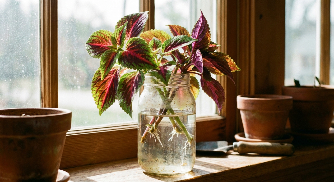 A single real photograph of several coleus cuttings rooting in a clear glass jar of water on a bright windowsill, with small white roots visible