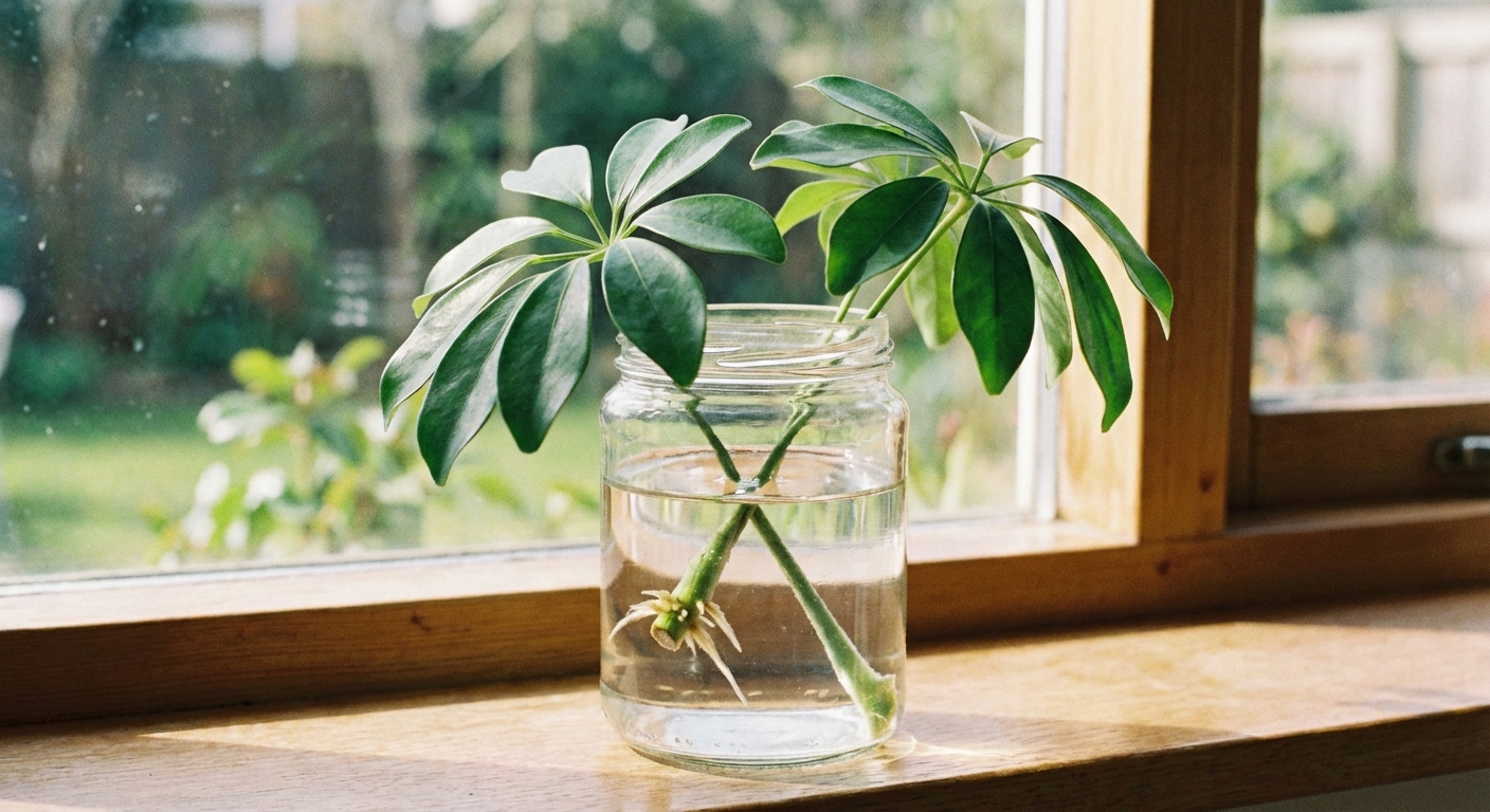 A single schefflera cutting rooting in a clear glass jar of water on a windowsill, small white roots forming at the cut end, soft daylight, photorealistic