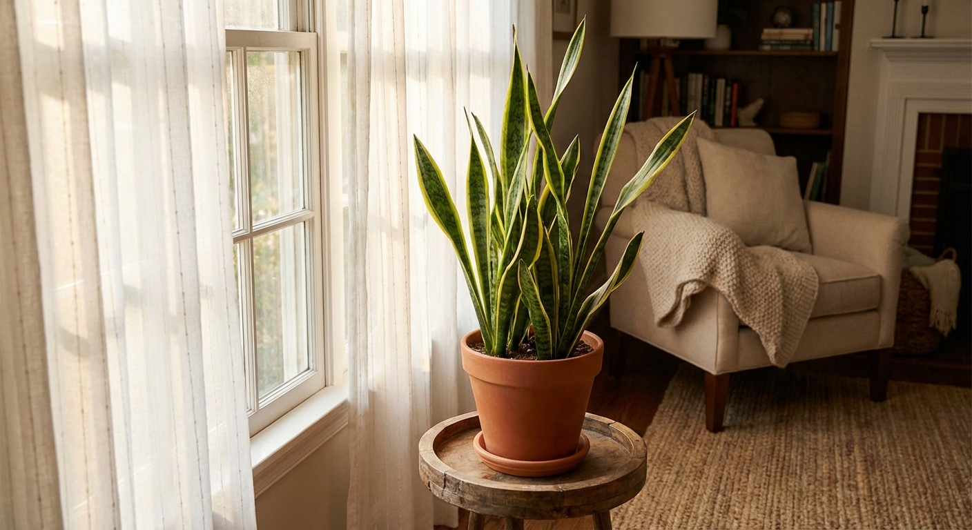 A single snake plant on a wooden stand positioned near a bright window with sheer curtains, soft indirect sunlight illuminating the leaves, cozy indoor living room setting, photorealistic