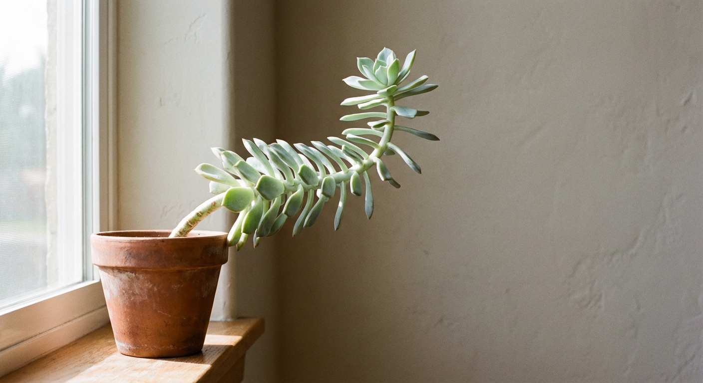 A single succulent in a pot with a long stretched stem and widely spaced leaves leaning toward a nearby window, indoor natural light, neutral background