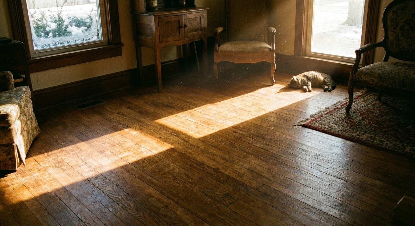 A single sunbeam stretching across a hardwood floor from a window on a winter afternoon, showing low sun angle and warm light, real photography style