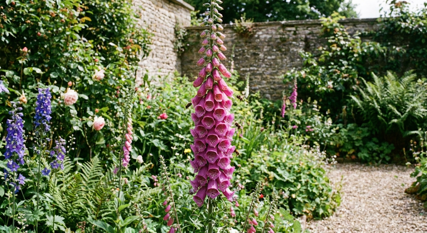 A single tall foxglove flower spike covered in pink and purple bell-shaped blooms rising above green foliage in a cottage-style garden, natural outdoor photograph