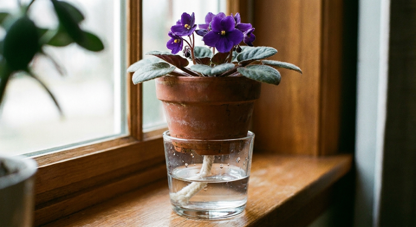 A small African violet pot set above a water reservoir cup with a wick running through the drainage hole, realistic close-up indoor photo