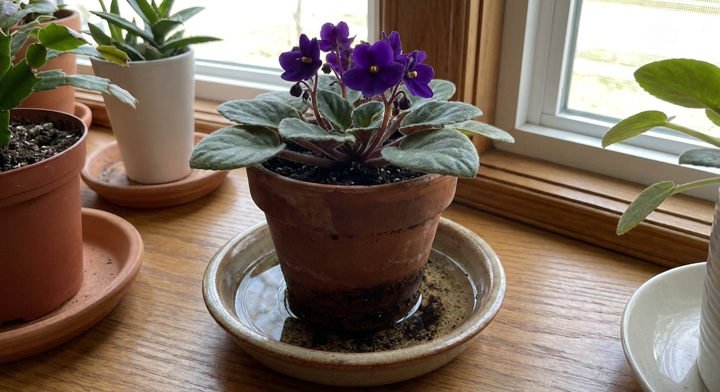 A small African violet pot sitting in a shallow saucer with water as the mix absorbs moisture from below, realistic indoor photo