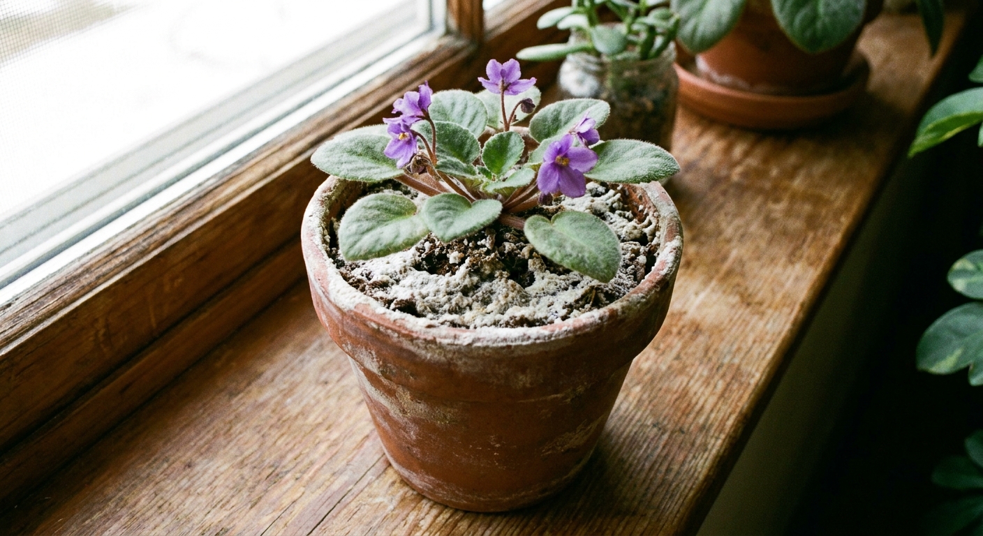A small African violet pot with visible white mineral crust on the soil surface and rim, real photo style