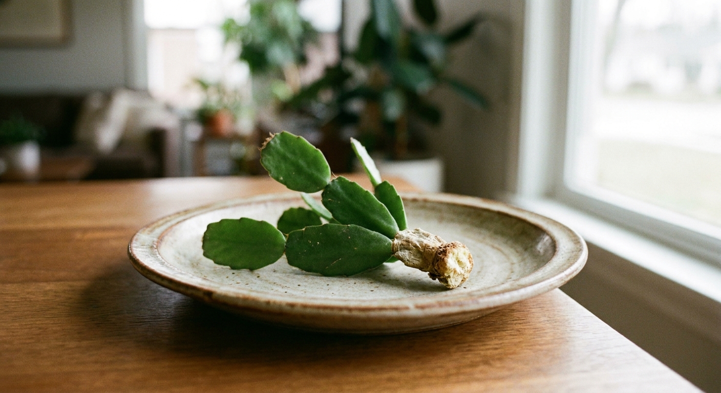 A small Easter cactus cutting with several segments resting on a plain ceramic plate to dry and callus, soft indoor light