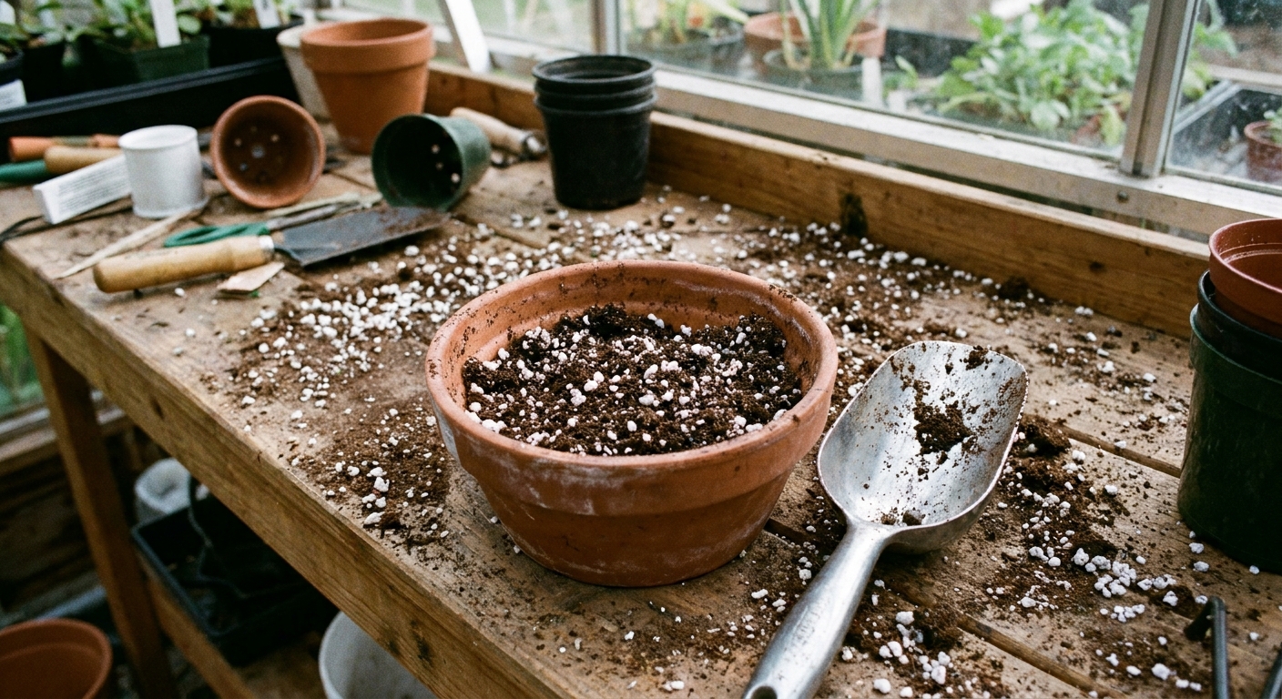 A small bowl of damp perlite and peat moss rooting mix with a scoop beside it on a potting bench