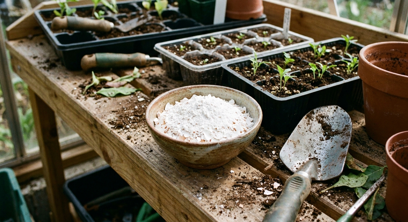 A small ceramic bowl filled with finely crushed eggshell powder on a potting bench next to seedling trays and a trowel, realistic photo