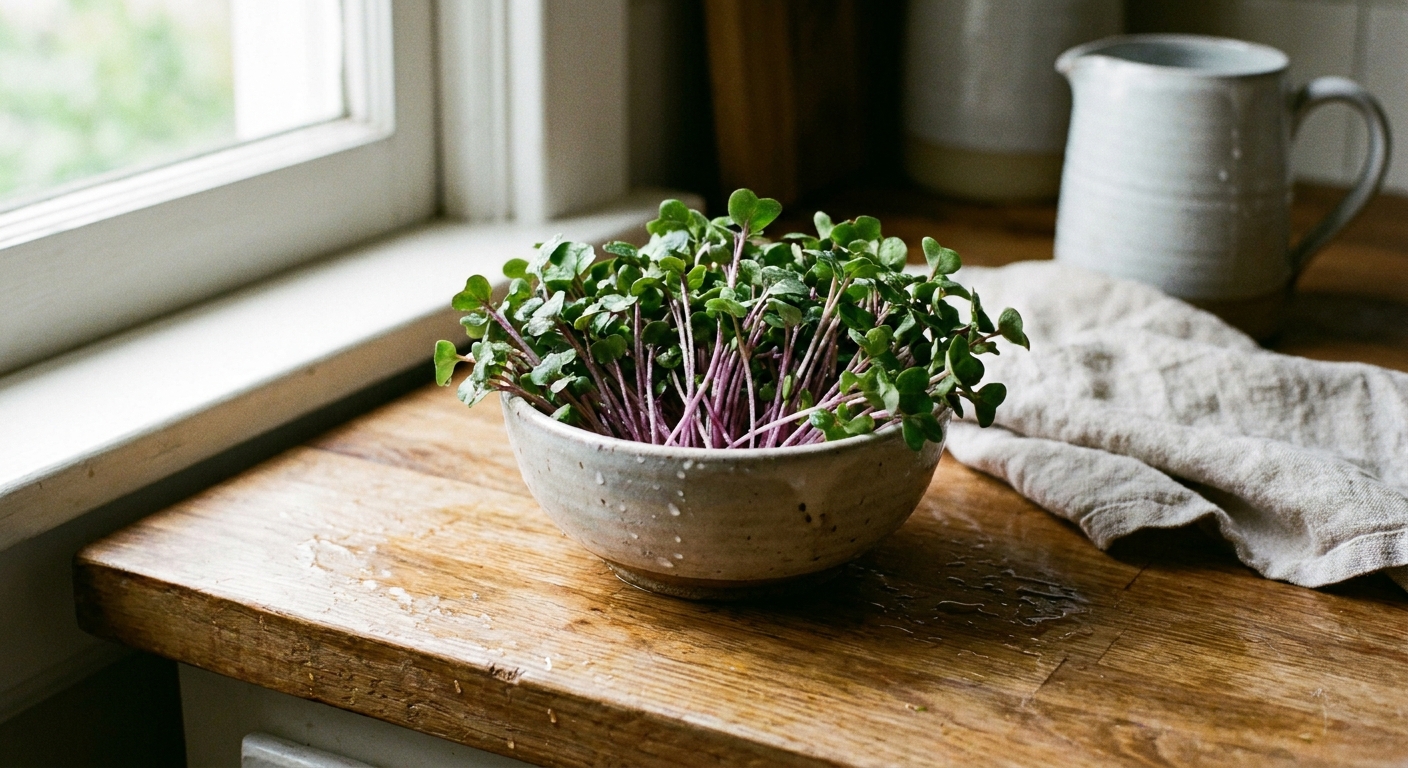 A small ceramic bowl filled with freshly rinsed radish microgreens on a kitchen counter, with a few droplets of water and natural window light