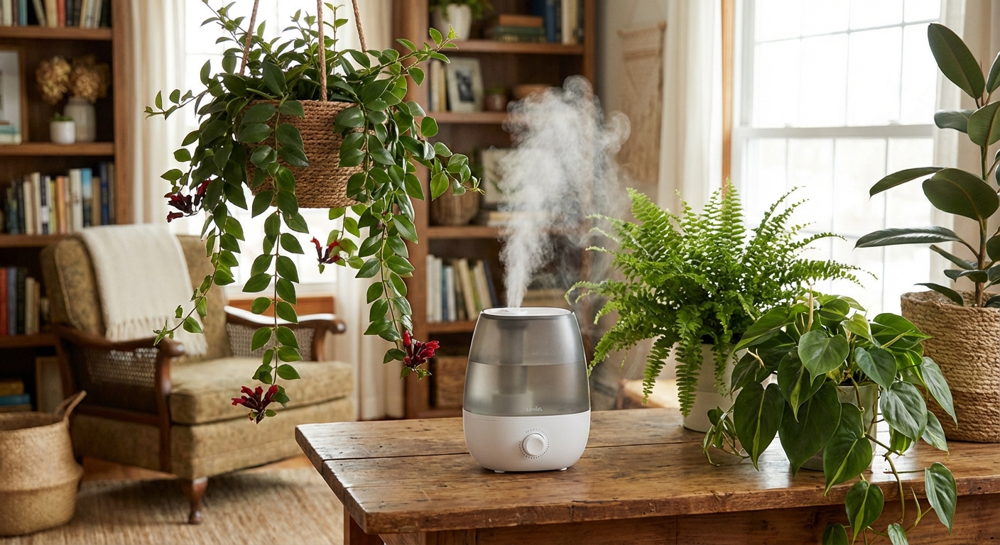 A small cool mist humidifier on a table near several houseplants including a trailing lipstick plant, in a cozy living room with soft daylight