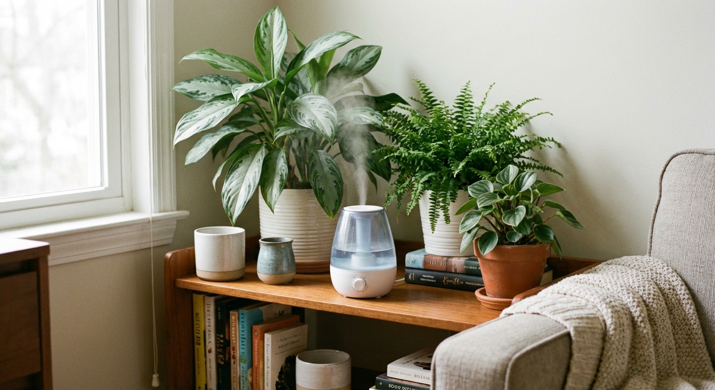 A small cool mist humidifier running on a shelf near several potted houseplants including an aglaonema, in a cozy indoor setting with soft window light, photorealistic home photo