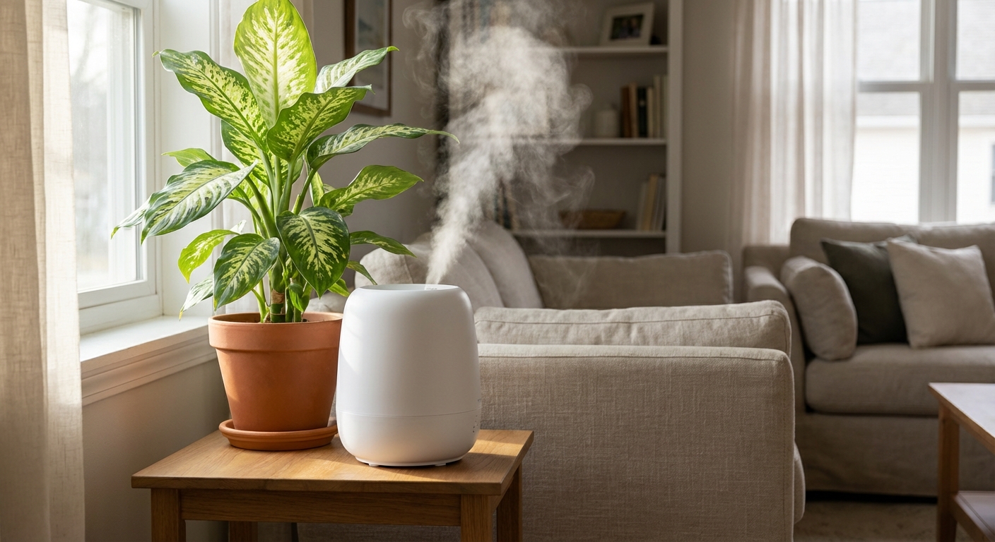 A small cool mist humidifier running on a side table near a dieffenbachia houseplant in a living room, soft natural light, photorealistic