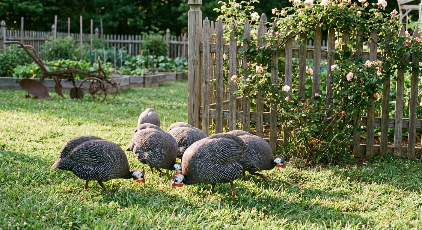 A small group of guinea fowl walking and foraging in a grassy backyard near a garden fence, natural daylight and realistic farmyard scene
