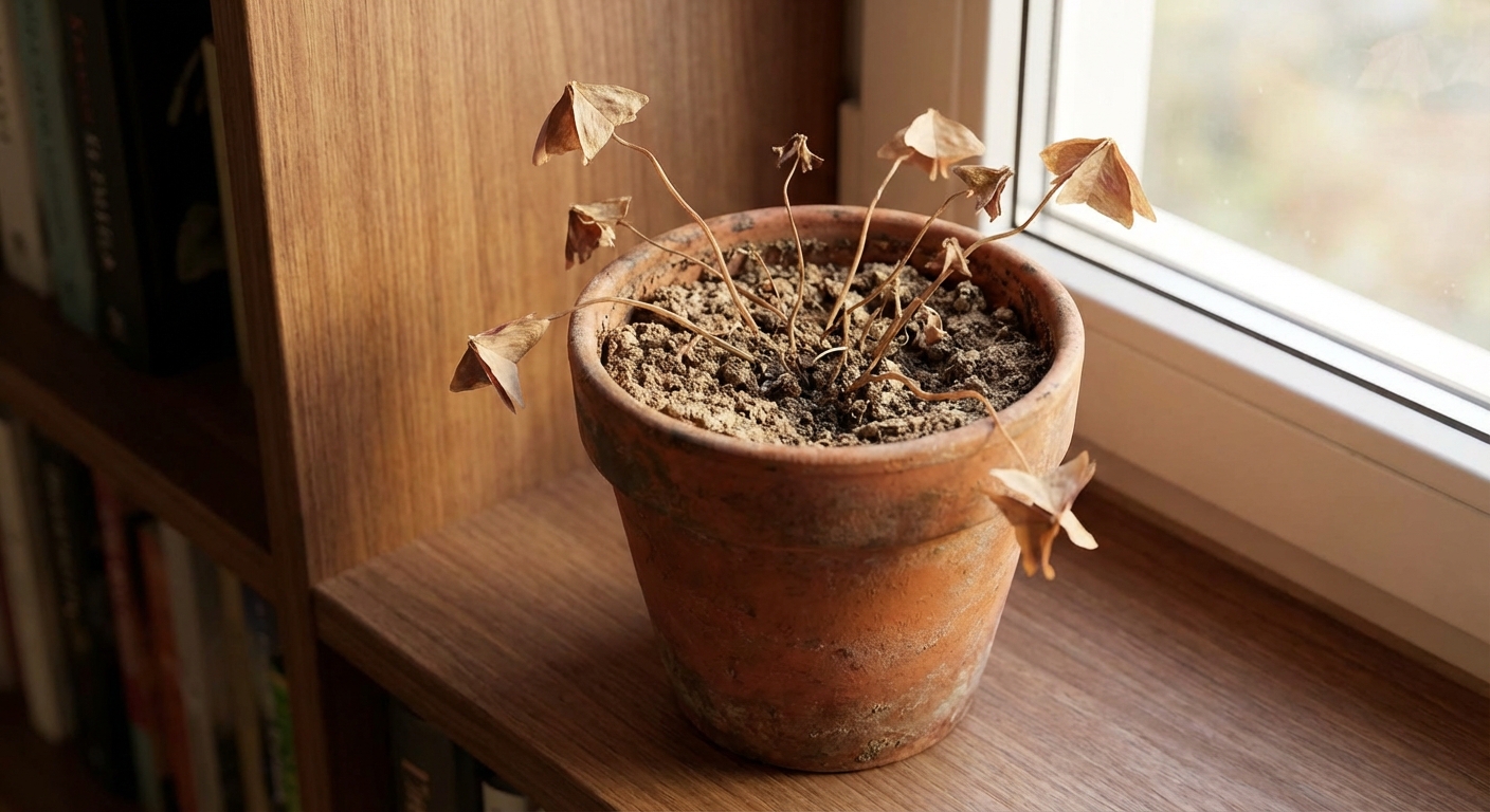 A small indoor pot with an oxalis plant in dormancy, showing mostly bare soil with a few dried stems, sitting on a shelf in soft natural light, photorealistic