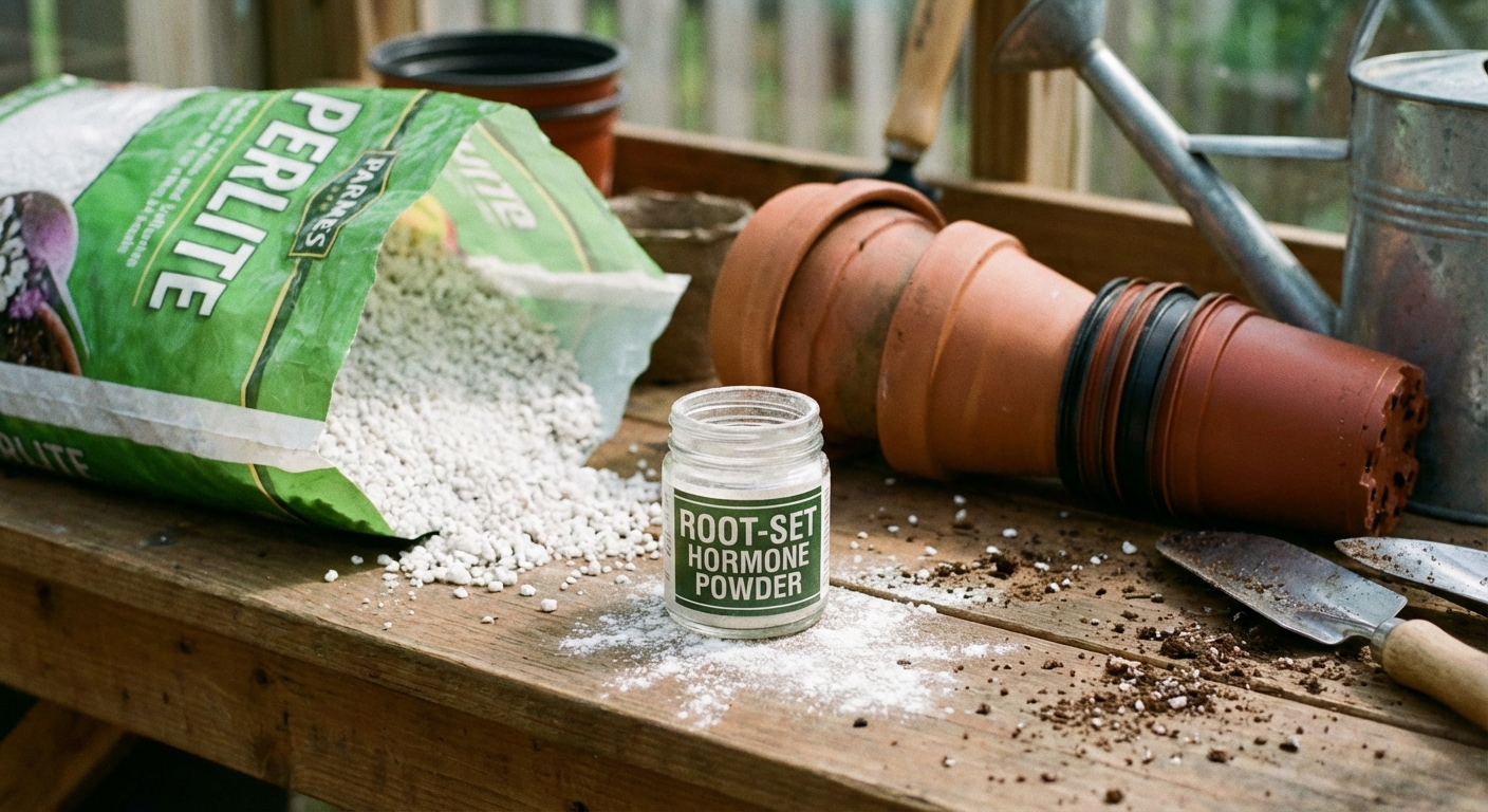 A small jar of rooting hormone powder on a potting bench next to perlite and empty nursery pots, close-up, photorealistic