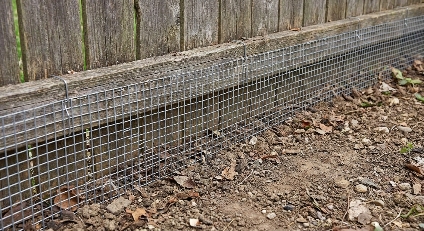 A small mesh hardware cloth fence installed along the base of a wooden fence, secured and buried at the bottom