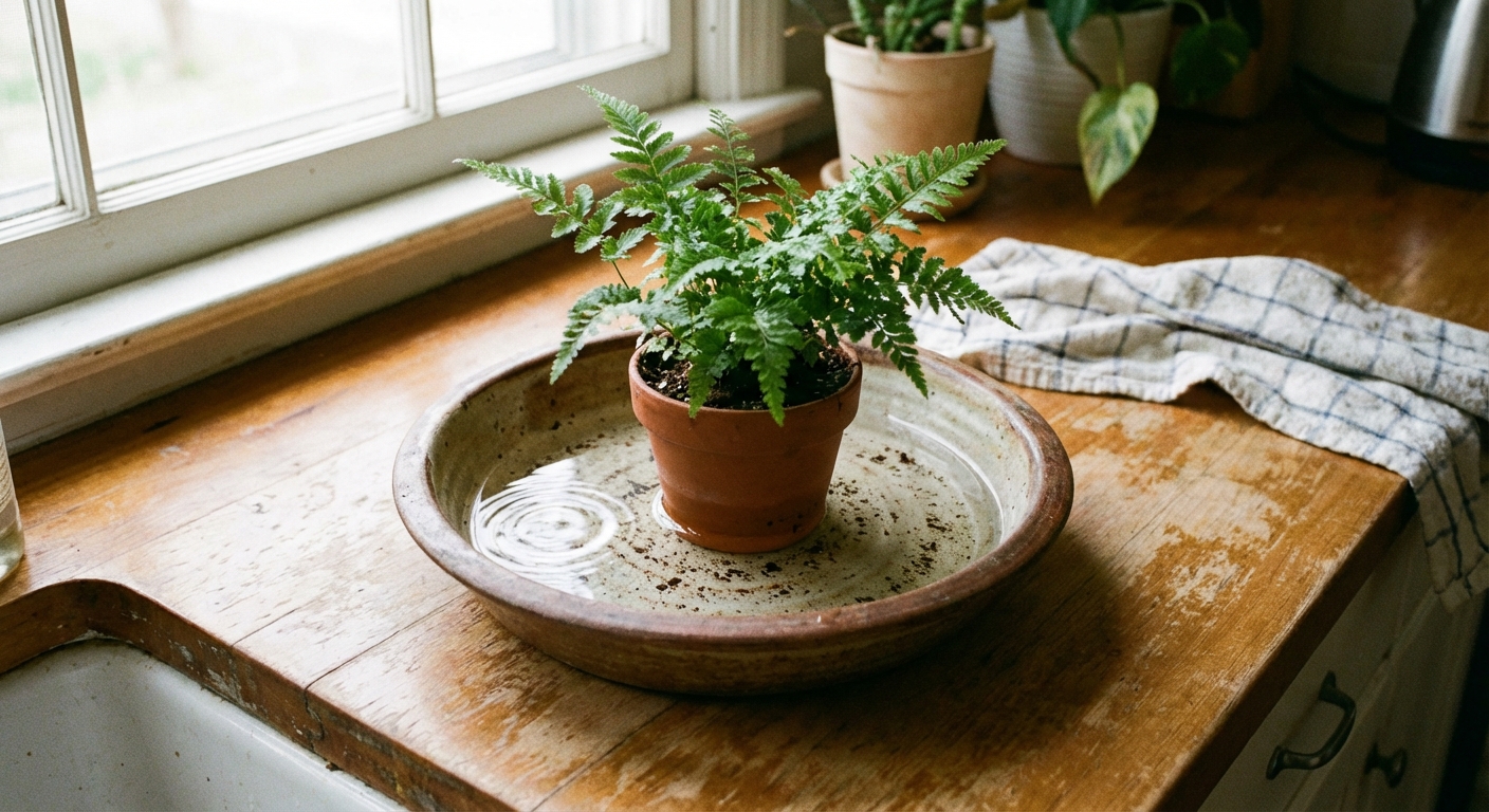 A small nursery pot sitting in a shallow ceramic bowl of water on a kitchen counter