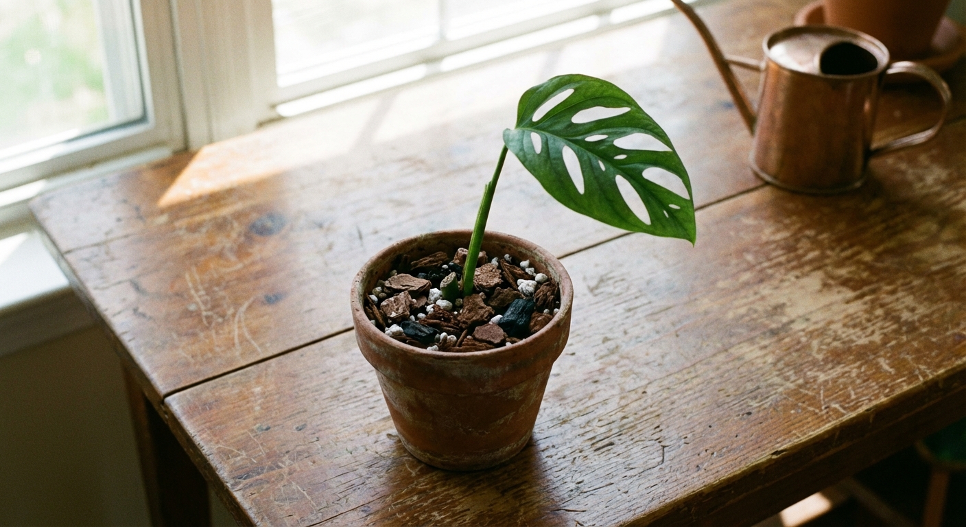 A small nursery pot with a single monstera cutting planted in chunky potting mix on a wooden table