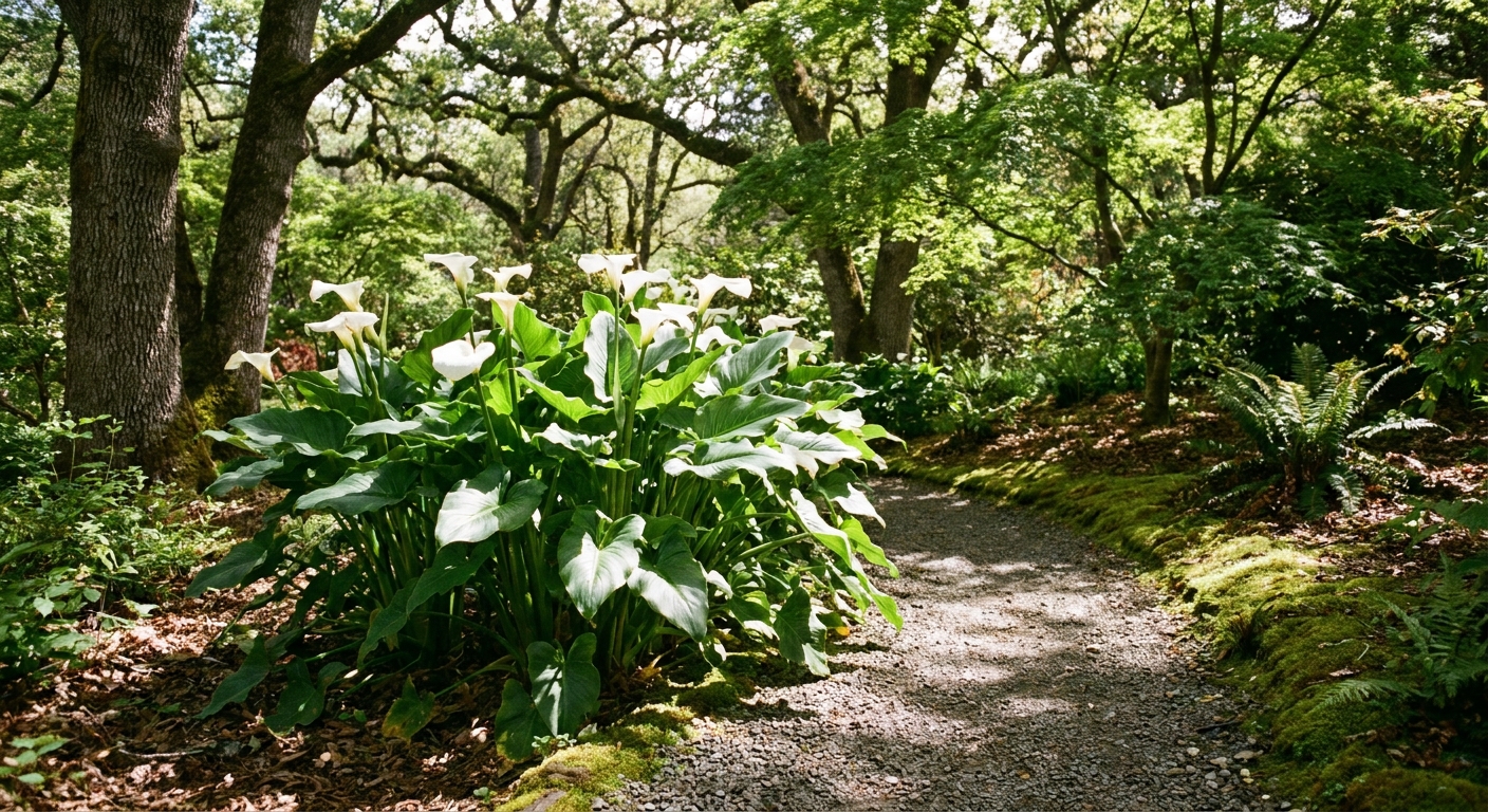 A small planting of white calla lilies with lush green leaves growing beside a gravel garden path under dappled shade