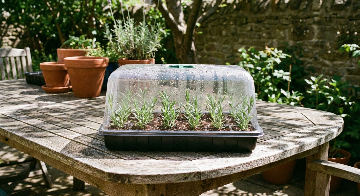 A small propagation tray of lavender cuttings under a clear humidity dome on a bright shaded patio table, photorealistic