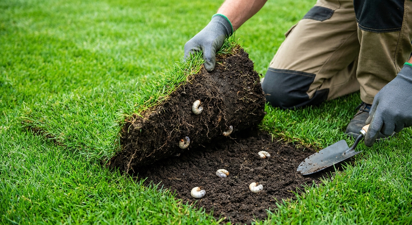 A small square of lawn lifted like a flap with dark soil underneath, as someone inspects the root zone for grubs