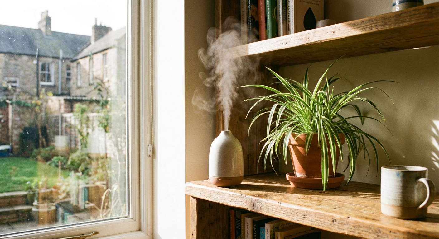 A small tabletop humidifier running beside a spider plant on a wooden shelf near a bright window, soft mist visible
