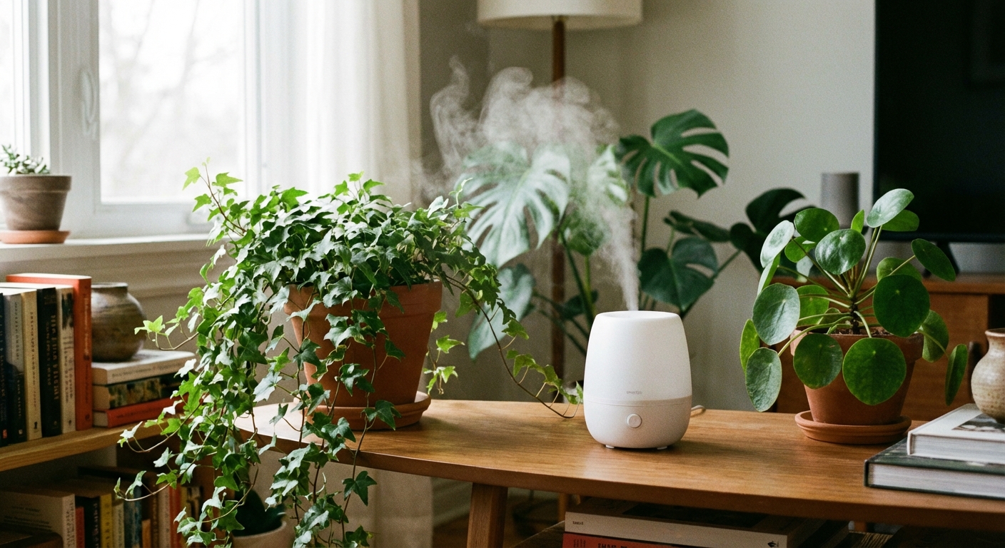 A small ultrasonic humidifier running on a table beside several houseplants including a trailing English ivy, soft natural light, realistic indoor photo