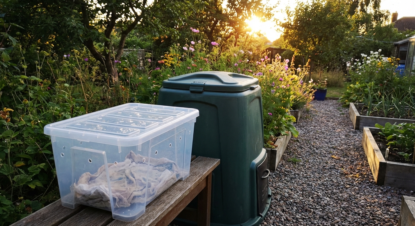 A small ventilated plastic container holding a rag placed near a closed compost bin in a backyard garden, evening light, photorealistic