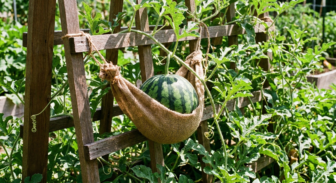 A small watermelon supported in a fabric sling on a sturdy garden trellis with green vines and tendrils, real photograph