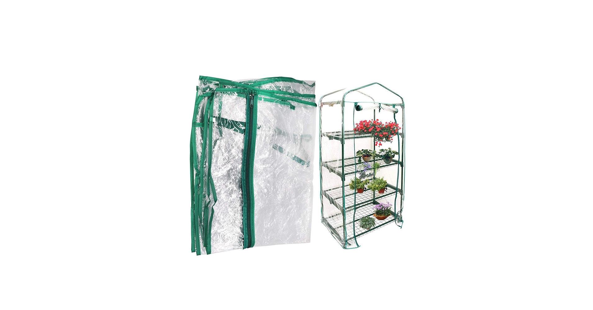 A small zip-up mini greenhouse on a patio with metal shelves, clear plastic cover, and seedling trays inside