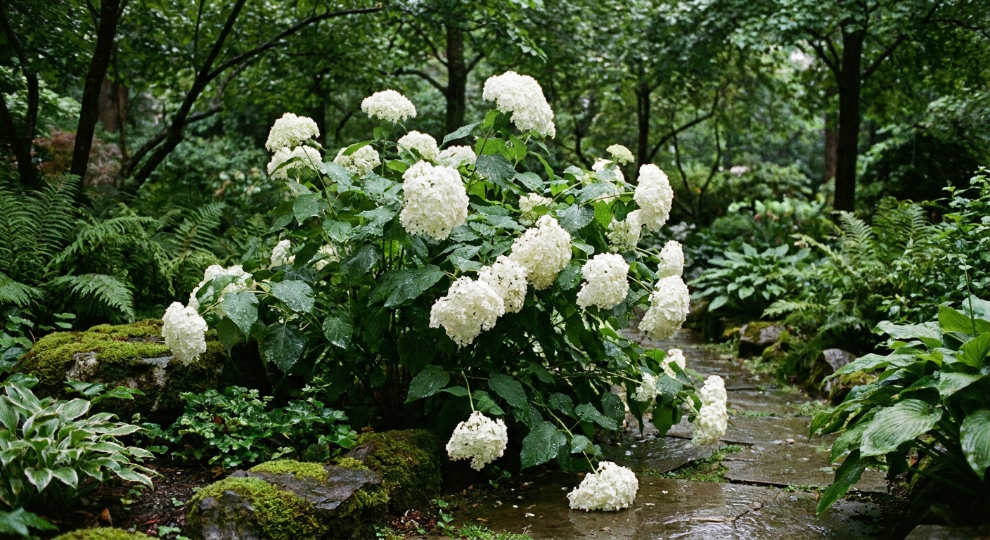A smooth hydrangea Annabelle plant with large white blooms bent outward after a heavy rain in a shaded garden