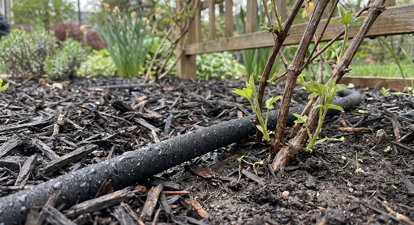A soaker hose running under mulch at the base of a clematis vine, with damp soil and fresh green shoots visible, real-life garden photo