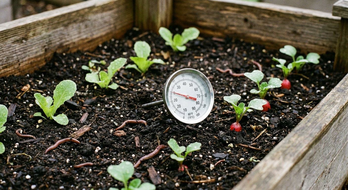 A soil thermometer inserted into a raised garden bed with dark, moist spring soil and small green seedlings nearby, close-up photo