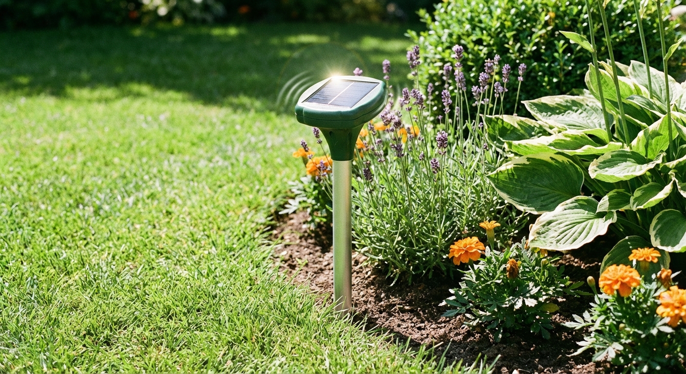 A solar-powered vibration pest repeller stake installed in a garden bed along the edge of a lawn, photographed in bright daylight with plants nearby