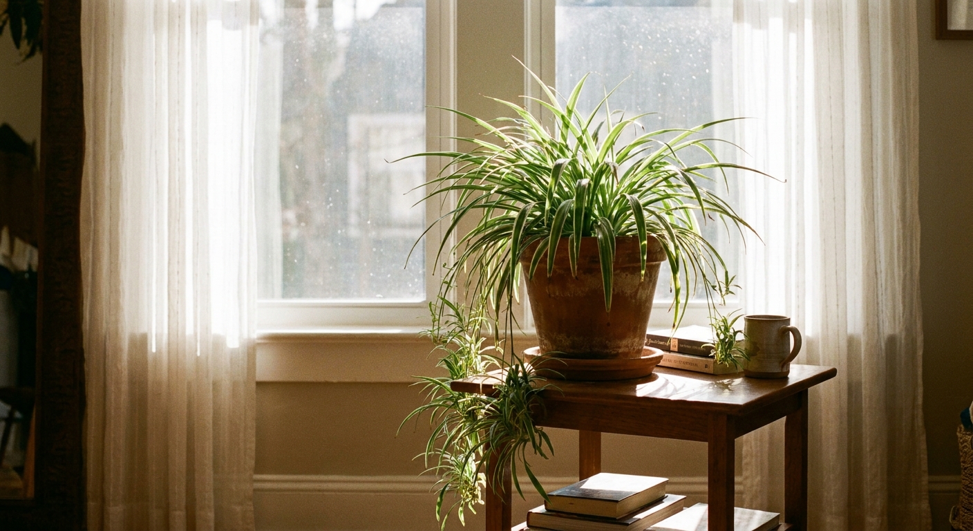 A spider plant on a small table a few feet back from a sunny window with sheer curtains, receiving bright indirect light