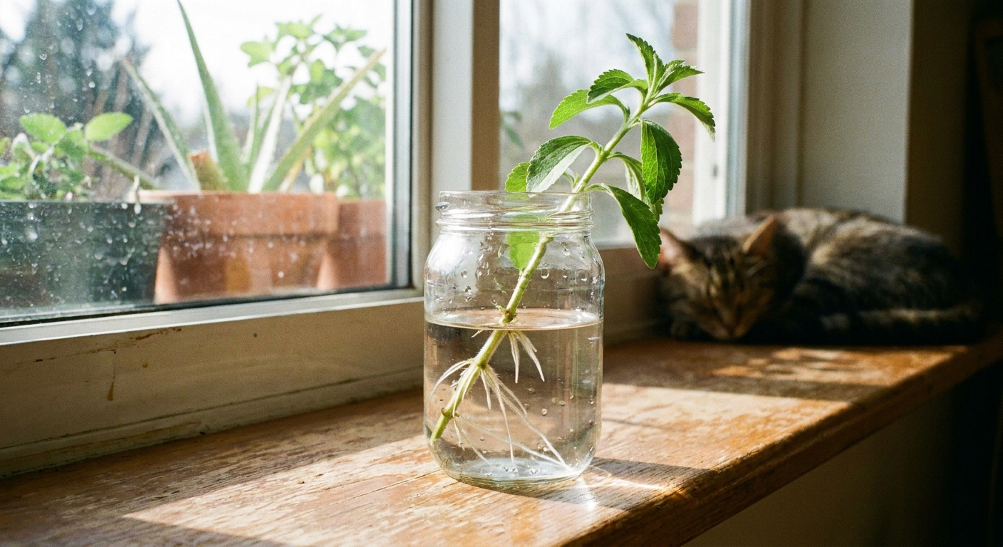 A stevia stem cutting rooting in a glass of water on a bright windowsill