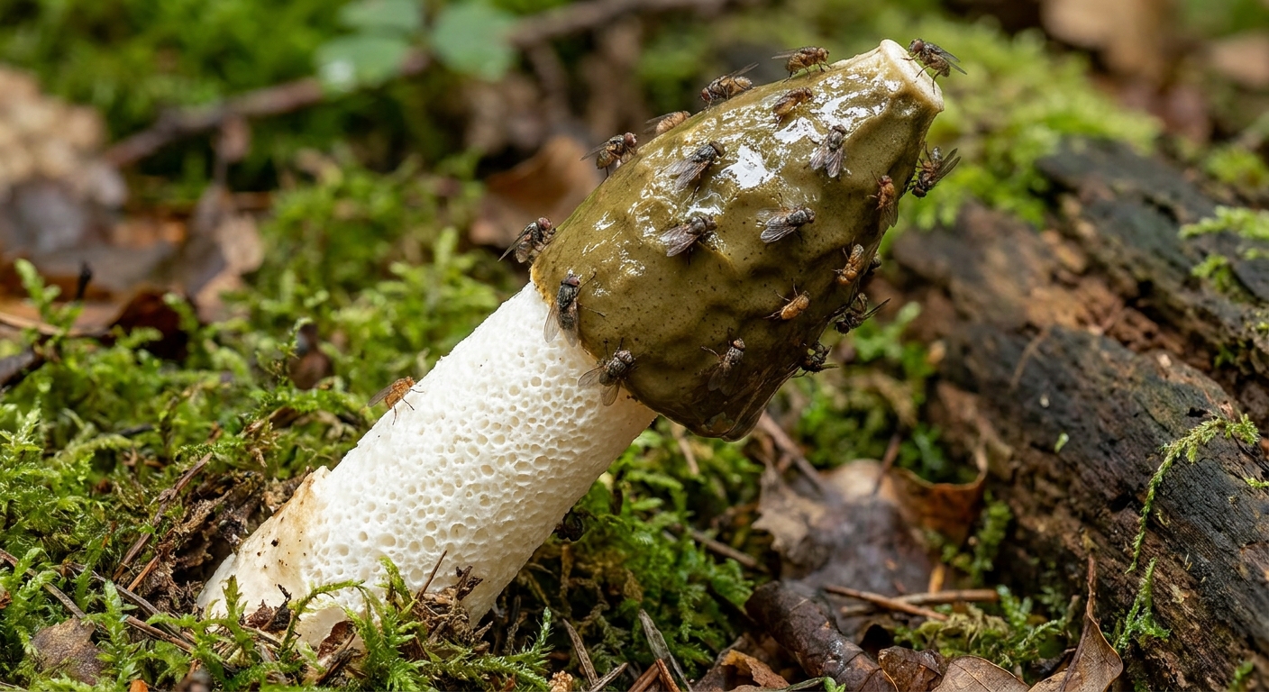 A stinkhorn mushroom with an olive-brown slimy spore mass on the tip, with small flies gathered on the surface