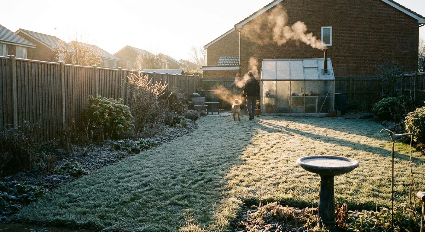 A suburban backyard at dawn with a thin layer of frost on the grass and garden beds, with a small greenhouse visible in the distance
