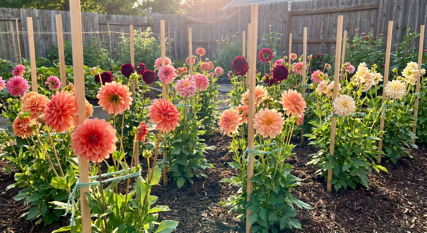 A sunny backyard flower bed with blooming dahlias supported by individual stakes and soft ties, with rich mulched soil visible
