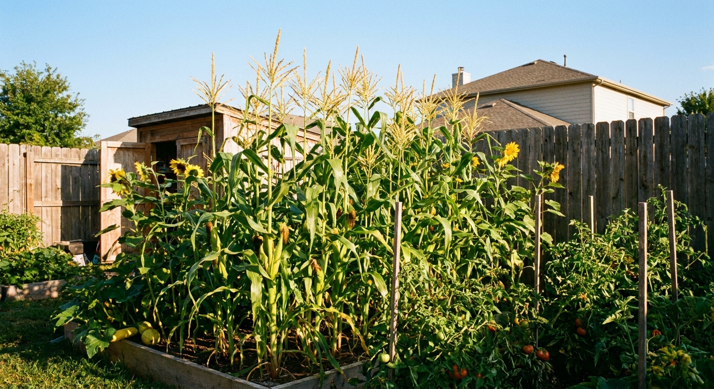 A sunny backyard garden bed with tall sweet corn stalks showing golden tassels at the top, real photographic scene