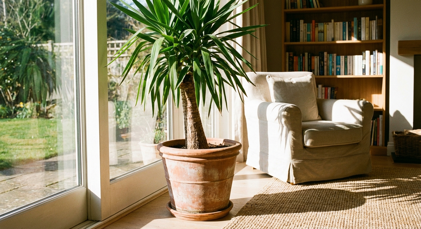 A tall Yucca elephantipes (Yucca gigantea) growing in a simple terracotta pot beside a bright south-facing window in a calm living room, with strong natural light and crisp, realistic detail, photorealistic