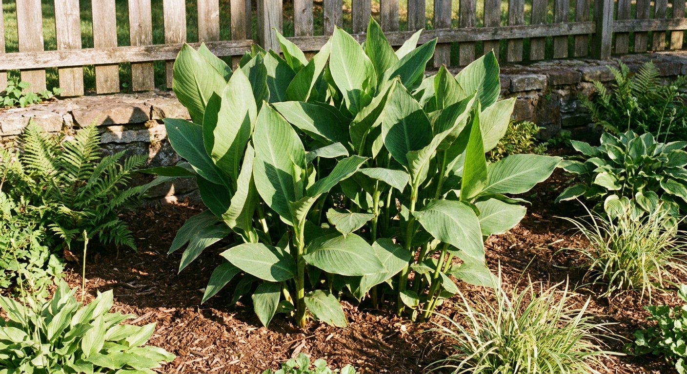 A tall canna lily clump with broad green leaves in a garden bed and no visible flower stalks, photographed in summer