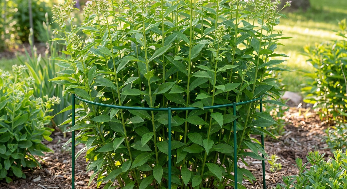 A tall garden phlox clump supported by a green ring plant support in early summer, with stems growing upright through the ring