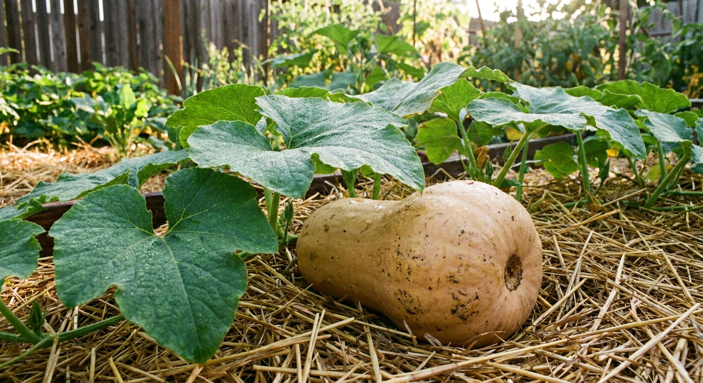 A tan butternut squash resting on clean straw mulch beneath green leaves in a home garden