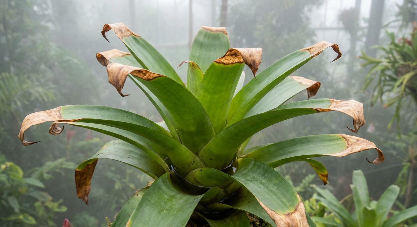 A tank bromeliad rosette with several leaves showing dry, crispy brown tips while the rest of the leaves remain green