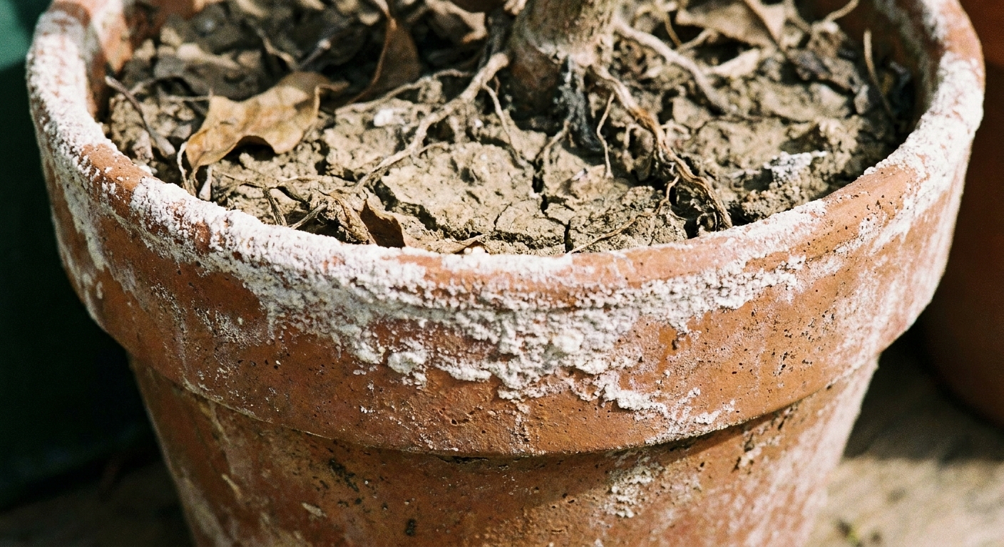 A terracotta plant pot with a visible white mineral crust on the rim and dry soil surface, close-up realistic photo